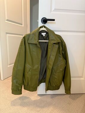 Topshop Olive Green Leather Bomber Jacket